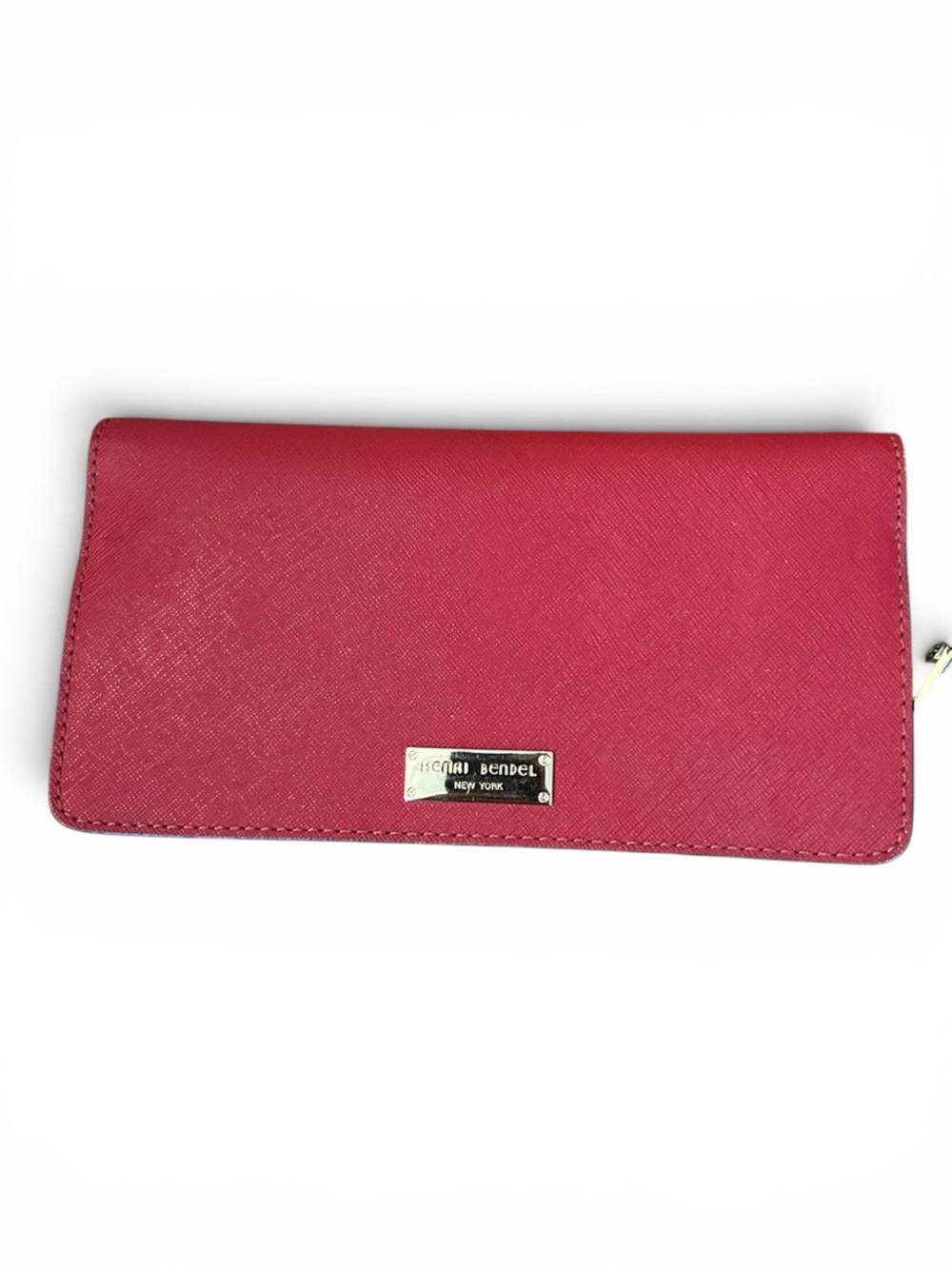 henri bendel fuchsia saffiano zip-around wallet with plaque